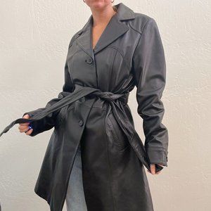 Vintage 90s/Y2K Black 100% Leather Belted Blazer Style Button Up Trench Coat